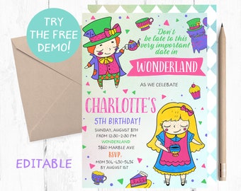 Alice in Wonderland Birthday Invitation, 5x7 (PDF)
