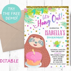 Editable Sloth Invitation, Sloth Birthday Party Invites, Sloth Editable Template, Girl Sloth Invitations, Let's Hang Out Invitation, Digital