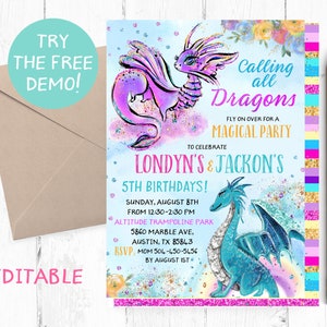 Joint Dragons Birthday Party Invitation, Dragons Birthday Invitation Template, Purple and Blue Dragons Invitation, Dragons Instant Template,