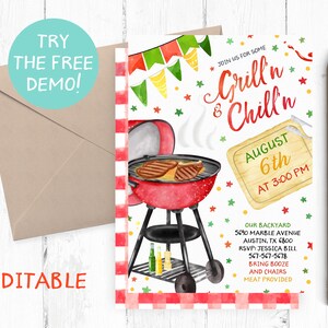 Pode incluir: Convite edit&aacute;vel para uma festa de churrasco e relaxamento com um fundo xadrez vermelho e preto, uma churrasqueira vermelha com fuma&ccedil;a saindo e uma t&aacute;bua de cortar de madeira com o texto "August 6th at 3:00 PM". O texto "Join us for some Grill'n Chill'n" est&aacute; em vermelho e branco. O convite tamb&eacute;m inclui o endere&ccedil;o, as informa&ccedil;&otilde;es de RSVP e um pedido para trazer bebidas e cadeiras.