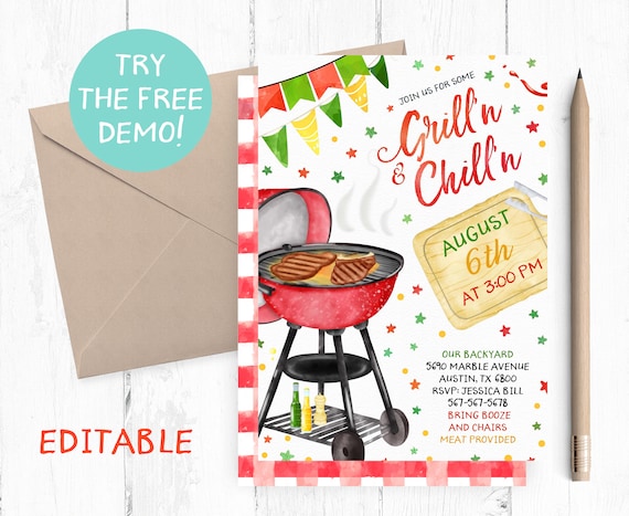 Editable Grill & Chill BBQ Party Invitation Template (5x7 inches)