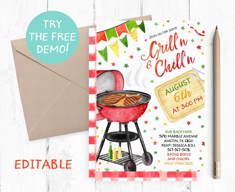 Pode incluir: Convite edit&aacute;vel para uma festa de churrasco e relaxamento com um fundo xadrez vermelho e preto, uma churrasqueira vermelha com fuma&ccedil;a saindo e uma t&aacute;bua de cortar de madeira com o texto "August 6th at 3:00 PM". O texto "Join us for some Grill'n Chill'n" est&aacute; em vermelho e branco. O convite tamb&eacute;m inclui o endere&ccedil;o, as informa&ccedil;&otilde;es de RSVP e um pedido para trazer bebidas e cadeiras.