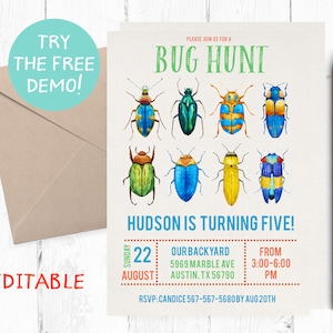 Bug Birthday Invitation, Insect Invitations, Insects Invitation, Bugs Invitations, Bugs Birthday Party, Bugs themed party, bug hunt, bugging