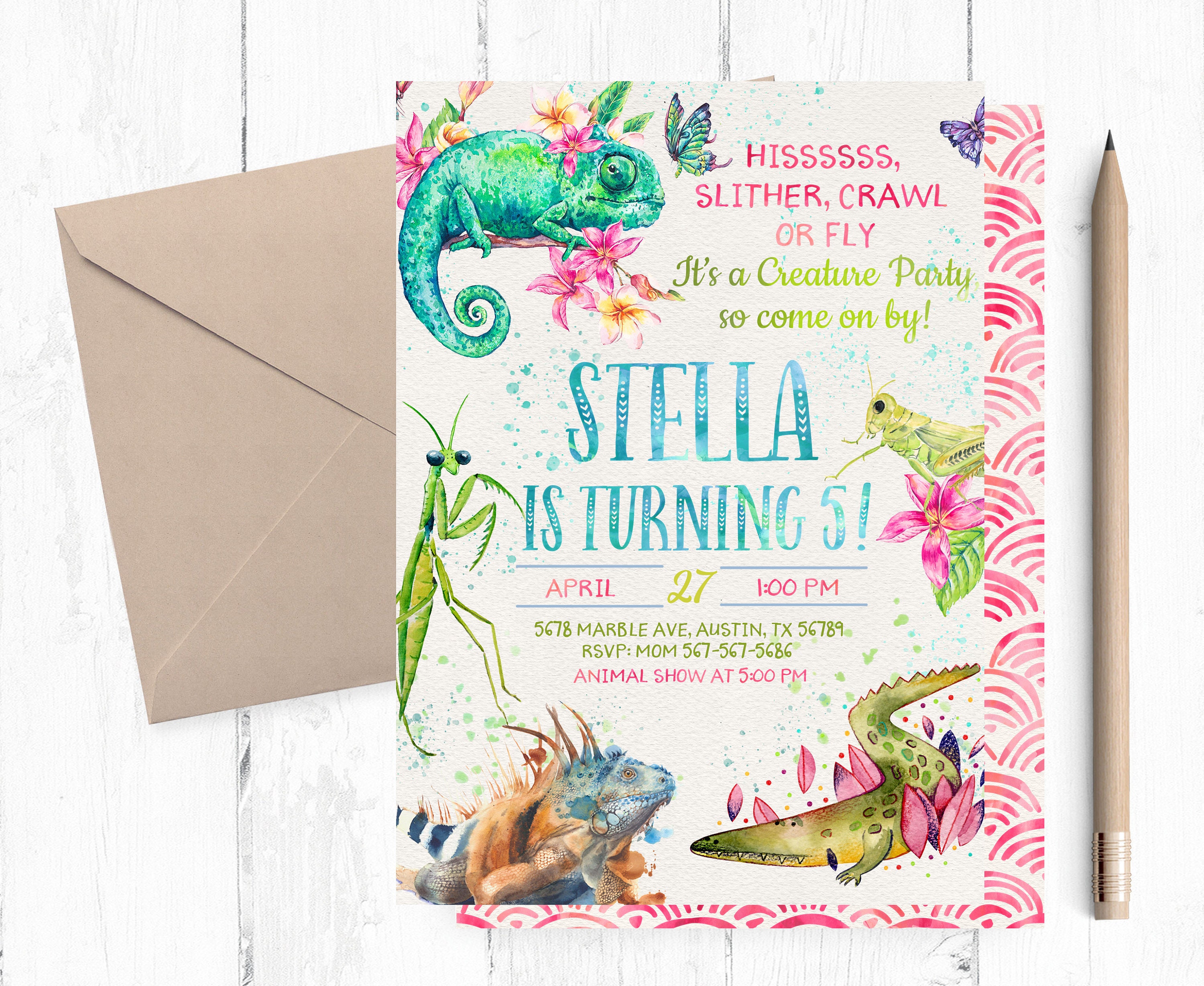 Creature Party Invitation Girl Girl Reptile Party Etsy