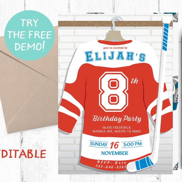 Editable Hockey Jersey Invitation, Red Hockey Jersey Template, Hockey Instant Template, Hockey Birthday Party, Hockey Party Printable,