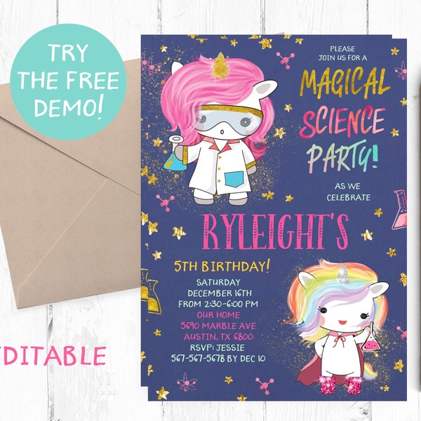Editable Magical Science Party Invitation, Magical Science Party Template, Magic Science Party, Magic Science Unicorn, Science Magic Show,