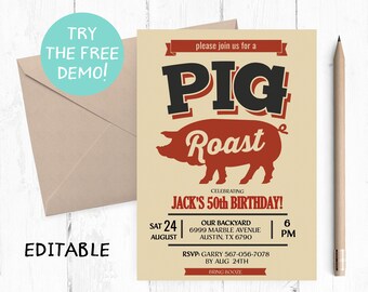 Editable Pig Roast Invitation Template, Backyard BBQ Invite (5x7 inches)