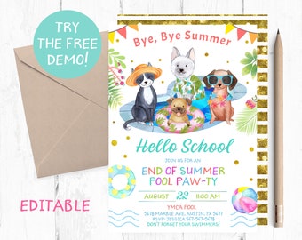 Back to School Pool Party Invitation, Back to School Pool Puppy Party, Back to School Pool Editable Template, Back School Instant Invitation