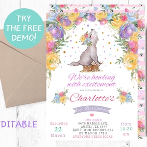 Editable Spring Wolf Invitation, Wolf Girl Editable Template, Flower Wolf Birthday Party Invitation, Wolf Invitation Instant, Printable,