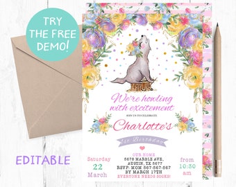 Editable Spring Flower Wolf Birthday Invitation (PDF)