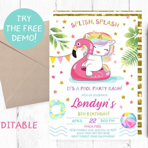 Unicorn Pool Party Invitation, Pool Party Birthday Invitation, Pool Party Birthday Invitations, Pool Party Invites, Pool Party Invite, image 1