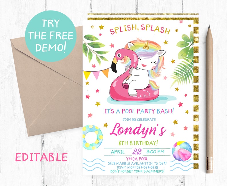 Unicorn Pool Party Invitation, Pool Party Birthday Invitation, Pool Party Birthday Invitations, Pool Party Invites, Pool Party Invite, image 1