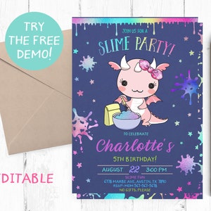 Invitación de cumpleaños de Slime Dragon, invitación a la fiesta de cumpleaños de slime, invitaciones de baba, invitaciones de fiesta de baba, invitaciones de baba de dragón,