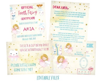 Editable Tooth Fairy Letter Set, Printable Certificate Record (5x7 in)