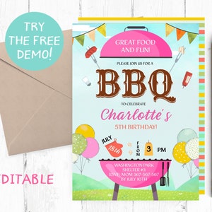 Editable Girl BBQ Invitation, Girl BBQ Birthday Party Invitation, BBQ Editable Template, Girl Barbecue Invitation, Bbq Instant Download,