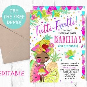 Editable Black Girl Tutti-Frutti Invitation, Black Girl Frutti Template, Tutti-Frutti Editable Template, Black Girl Frutti Invites, Digital,
