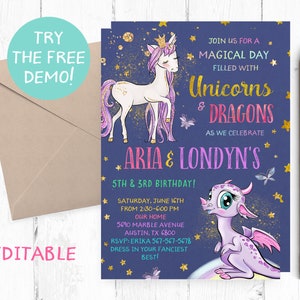 Unicorns Dragons Birthday Party Invitations, Unicorns Dragons Invitation, Unicorns Dragons Invites, Sibling Unicorns Invite, Joint Dragons,