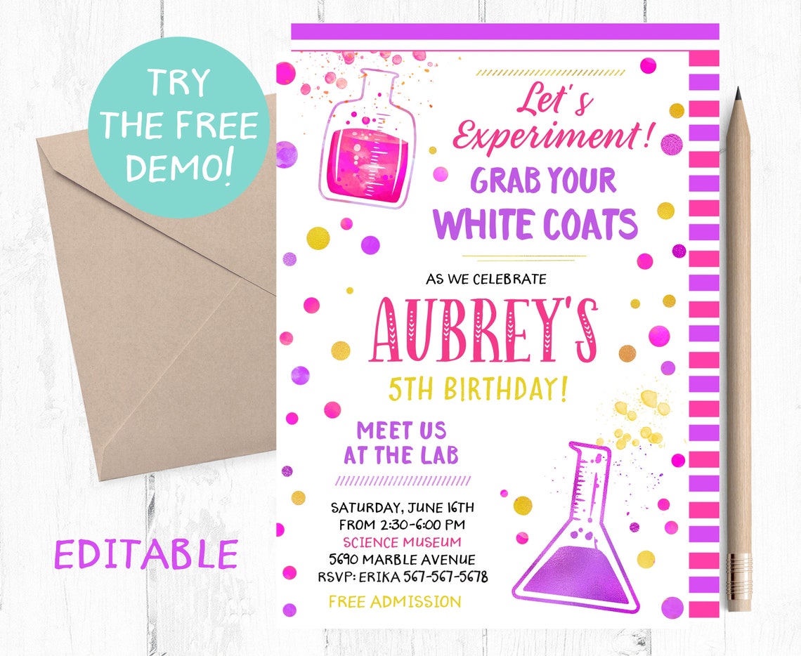 Science Birthday Invitation Girl Science Birthday Party Etsy