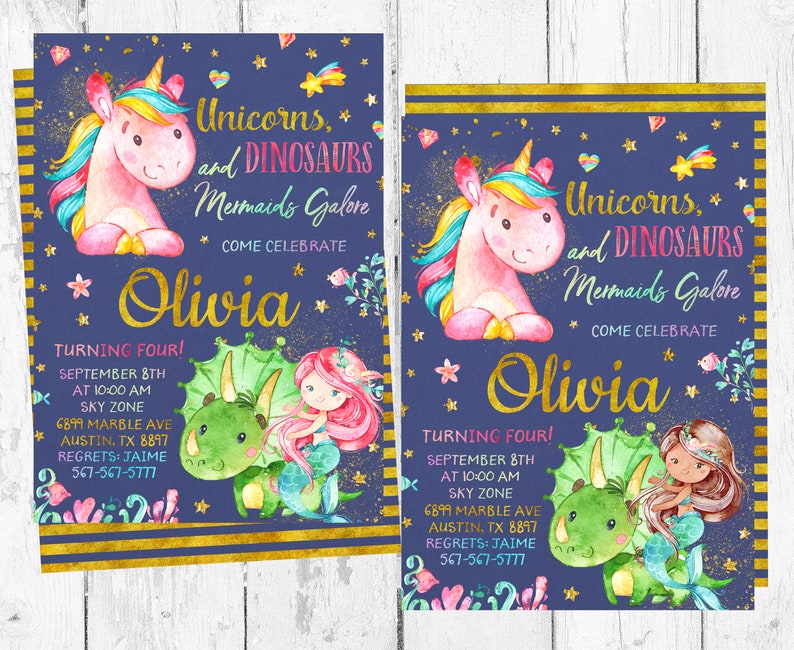 Unicorn Mermaid And Dinosaur Invitation Unicorns Mermaids Etsy