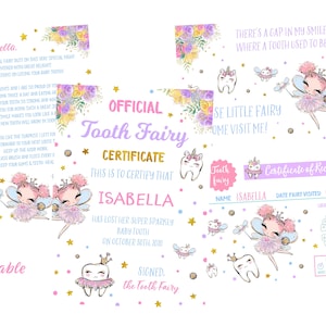 Conjunto de hada de los dientes de pelo rosa EDITABLE, certificado editable de hada de los dientes, carta de hada de los dientes editable, registro de hada de los dientes, recibo de hada de los dientes,