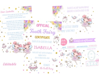 Editable Tooth Fairy Set, Certificate, Letter, Record (5x7 inches)