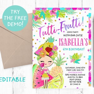 Editable Girl Tutti-Frutti Invitation, Brunette Tutti Frutti, Girl Tutti-Frutti Template, Tutti-Frutti Editable Invitation, Frutti Party,