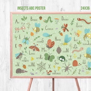 Cartel del alfabeto ABC de insectos imprimible, decoración del aula del alfabeto ABC, arte de la pared del alfabeto ABC, calcomanía de pared del alfabeto, cartel de insectos del alfabeto,
