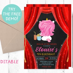 Unicorn Movie Birthday Party Invitations, Unicorn Movie Night Invitation, Unicorn Movies Invite, Movie Night Birthday Invites, Movie Unicorn image 1