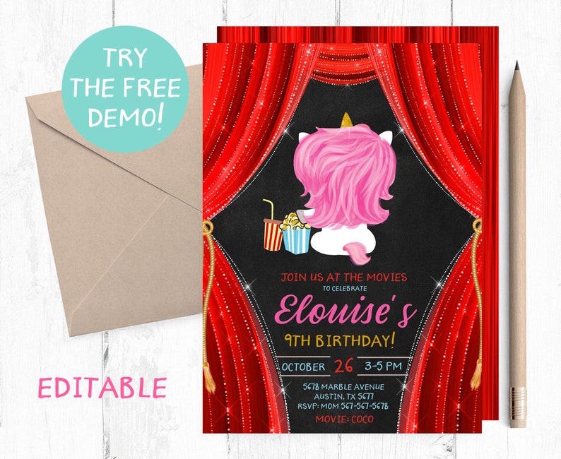 Unicorn Movie Birthday Party Invitations, Unicorn Movie Night Invitation, Unicorn Movies Invite, Movie Night Birthday Invites, Movie Unicorn image 1