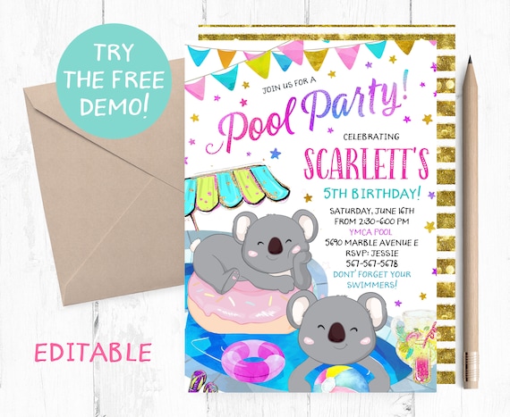 Editable Koala Pool Invitation Koala Pool Party Bash Koala Etsy 日本