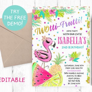Editable Twotti Frutti Invitation, TWO-tti Frutti Invitation Template, Tutti-Frutti Second Birthday Party, Two-tti Frutti Invites, Instant