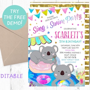 Editable Karaoke Pool Party Invitation, Karaoke Pool Editable Template, Koala Pool Karaoke Party, Swim and Sing Invitation, Sing Pool Party,
