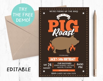 Editable Pig Roast Invitation, Birthday Party Invite (5x7 inches)