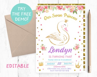 Swan Princess Invitation, Swan Princess Invitations, Swan Invitations, Swan Party Invites,  Swan Birthday Invitation, Swan Invite, themed,