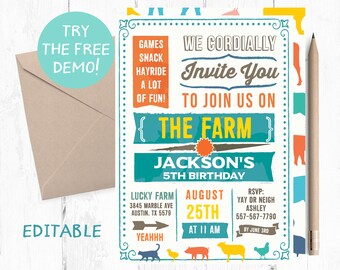 Farm Birthday Invitation, Barnyard Party (5x7 in, PDF)