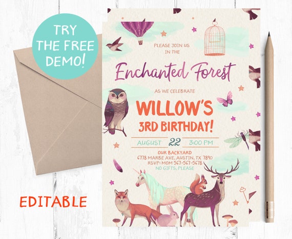Enchanted Forest Birthday Invitation, Fairytale Woodland Party (Digital Download)