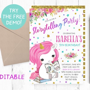 Editable Storytelling Invitation, Library Birthday Party Invitation, Storytelling Editable Template, Storytelling Instant Download, Digital,