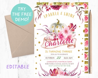 Pumpkin Birthday Invitation: Floral Sparkle, Editable (5x7 inches, PDF)
