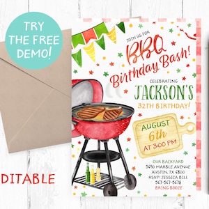 BARBECUE modifiable anniversaire bash invitation, BBQ anniversaire bash invitation modèle, BBQ anniversaire bash modèle modifiable, arrière-cour BBQ anniversaire,