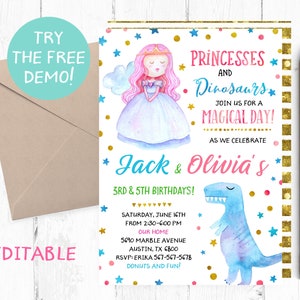 Princess and Dinosaur Invitation, Princesses and Dinosaurs Party Invitations, Princess Dinosaur Birthday Invites, Princess Dinosaur Invite,