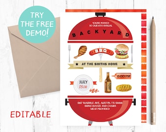 Editable BBQ Party Invitation, Backyard BBQ Party Invitation, BBb Party Template, Bbq Party Instant Download, Barbecue Invitation, Summer,