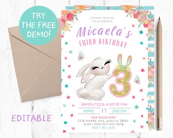 Bunny Third Birthday Invitation Instant, Bunny THREE Birthday Party Template, Bunny Third Invitation Template, Bunny Three Editable Template