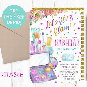 Editable Makeover Invitation, Glamour Editable Template, Makeup Birthday Party Invitations, Makeover Invitation Template, Makeover Printable