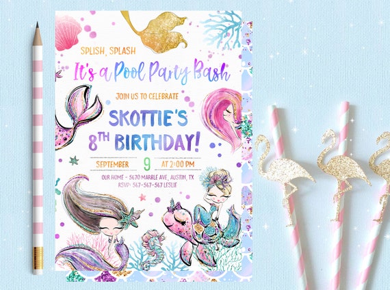 Glitter Mermaids Pool Party Invitation Mermaids Pool Birthday Etsy
