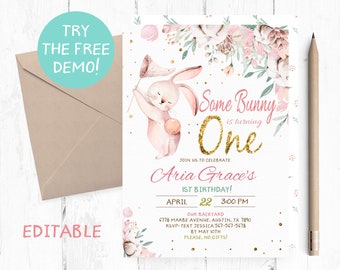 Editable Some Bunny is One Invitation, Bunny First Birthday Party Invitation, Bunny One Invites, Bunny One Instant Download, Bunny Template,