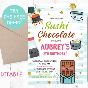 Sushi Invitations, Sushi and Chocolate Invitation, Chocolate Invitations, Sushi Birthday Party, Sushi Chocolate Birthday, Sushi invite,