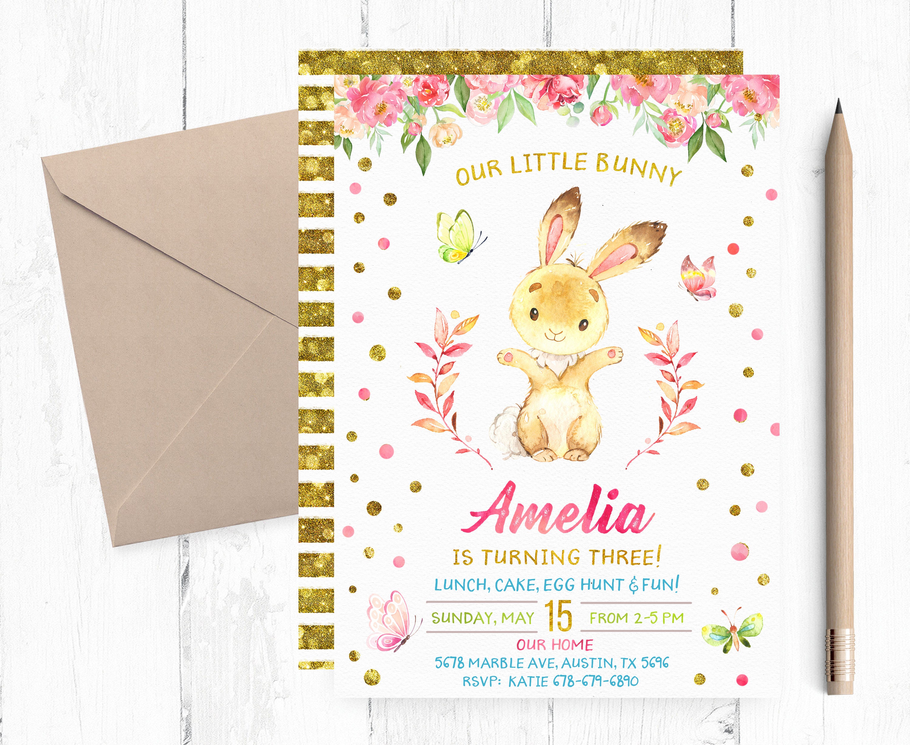 Bunny Invitation Birthday Bunny First Birthday Invitation | Etsy