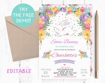 Editable Bunny Invitation, Bunny Birthday Invitation Instant Download, Spring Bunny Invite, Some Bunny is One Invitation, Bunny Template,