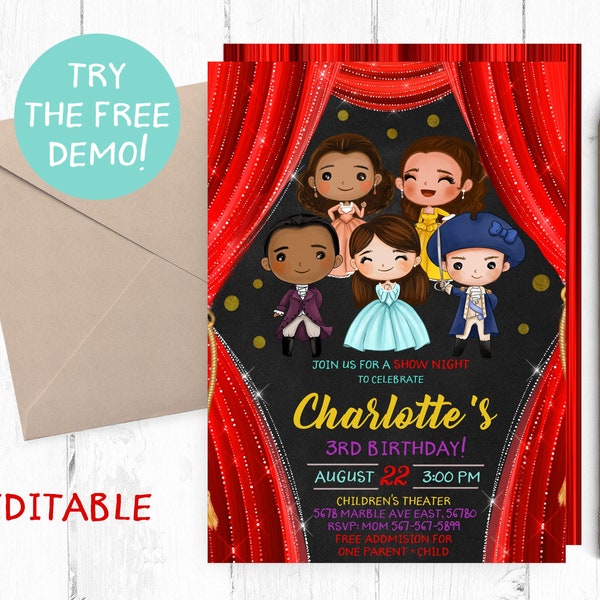 Invitation au théâtre pour enfants, Broadway Birthday Invitation, Theater Editable Template, Children's Show Invitation, Musical Invite,