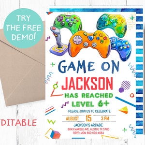 Op de afbeelding: Een kleurrijke uitnodiging met gamecontrollers in aquarel en de tekst "GAME ON JACKSON HAS REACHED LEVEL 6+". Bevat datum, tijd en locatiegegevens. Met de woorden "TRY THE FREE DEMO!" en "EDITABLE".